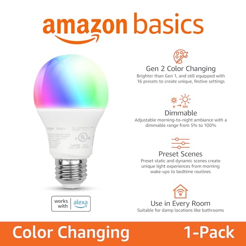 Amazon Basics - Smart A19 LED Light Bulb, 2.4 GHz Wi-Fi, 9W (Equivalent to 60W) 800LM, Works with Alexa Only, 1-Pack, Multicolor