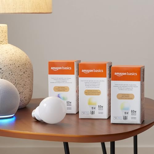 Amazon Basics - Smart A19 LED Light Bulb, 2.4 GHz Wi-Fi, 9W (Equivalent to 60W) 800LM, Works with Alexa Only, 1-Pack, Multicolor