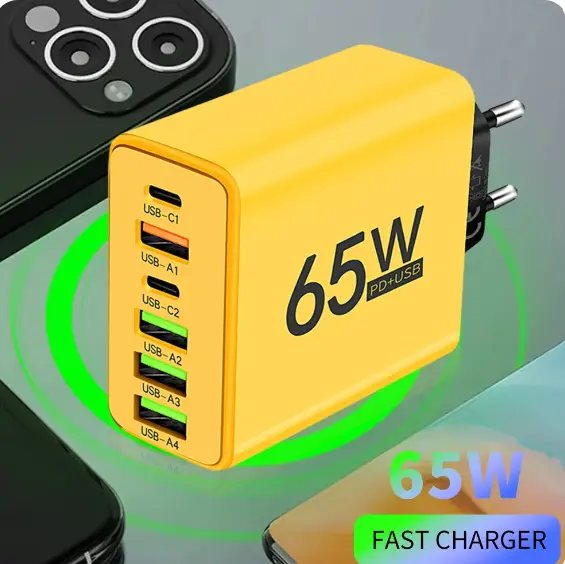 65W USB Charger 6 Ports Type C Fast Charging QC3.0 
