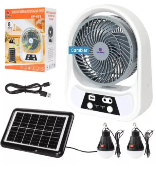 Abanico Recargable de 8” 2 Bombillos + Led + Panel Solar
