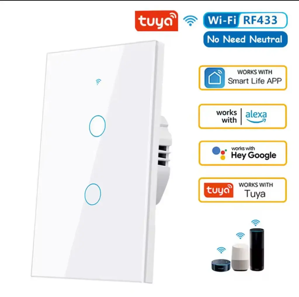 Interruptor de pared inteligente WiFi RF433, módulos sin cable neutro, con sensor táctil y compatible con Alexa y Google Home+2 interruptores 