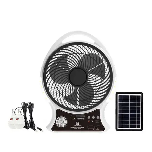  Abanico Recarable+Puerto de carga USB+Bocina bluetooth+Panel solar+2 bombillos